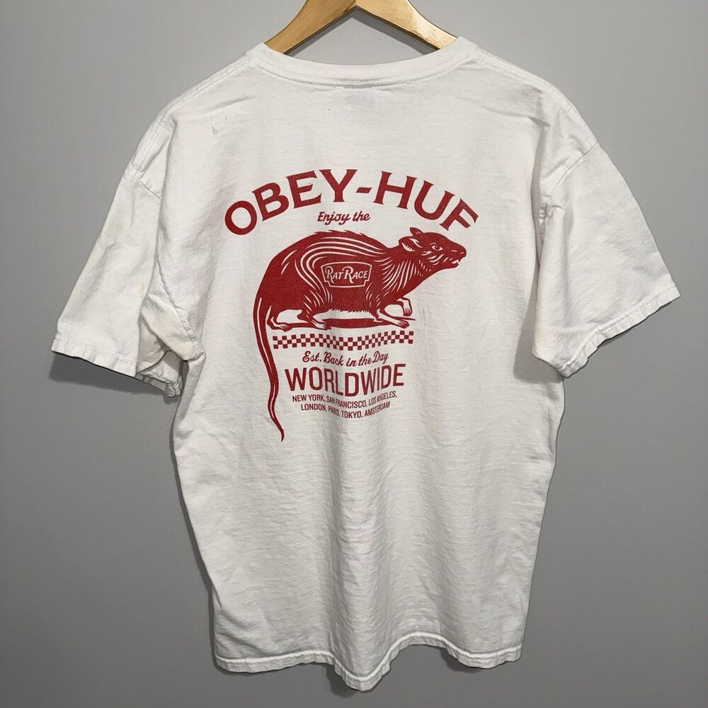 Obey Worldwide x HUF Men's L White Tee Shirt Skate Grunge Streetwear Vintage